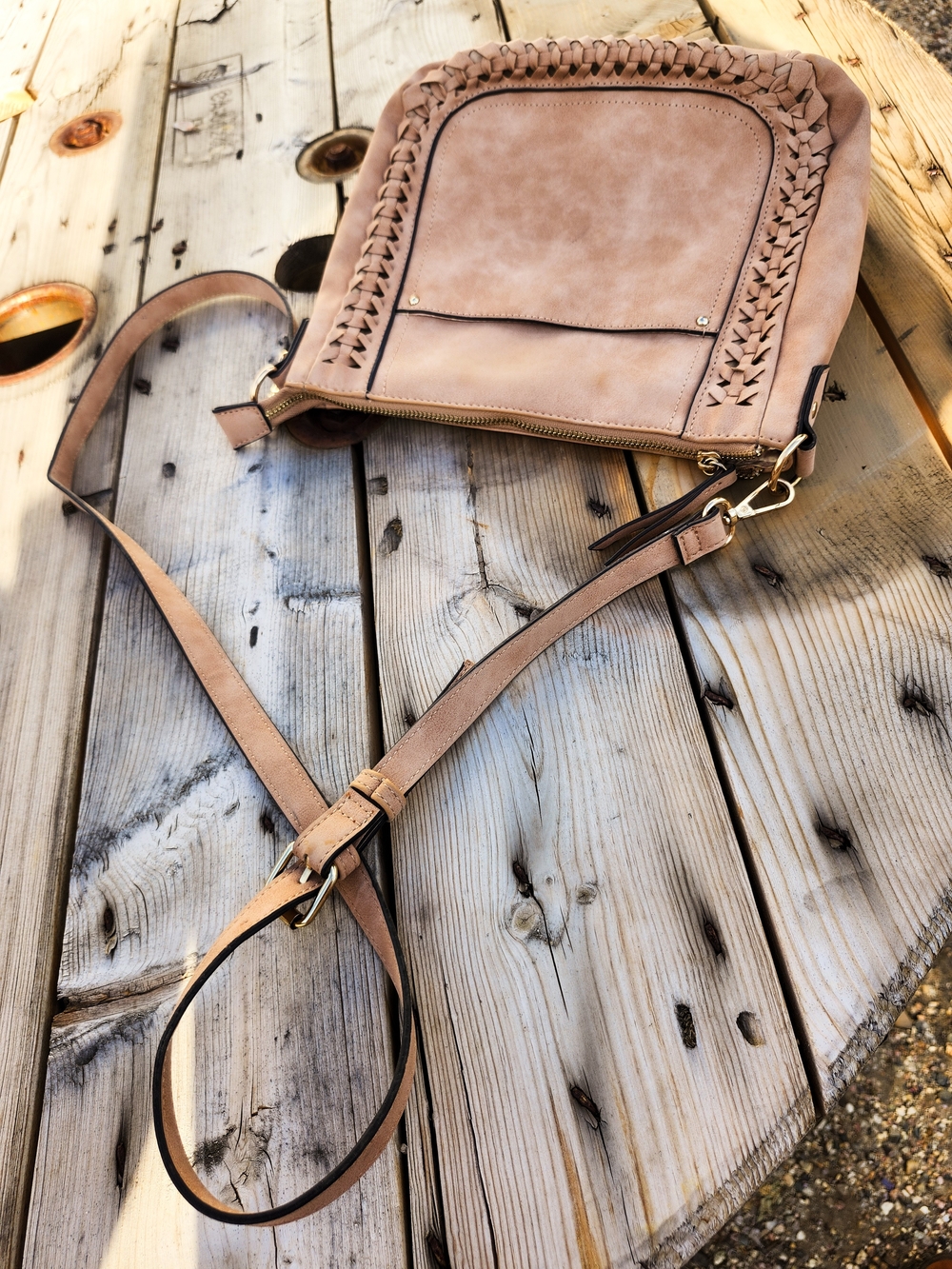 Blush Taupe Crossbody Bag Whipstitch Woven Trim Zip Faux Suede Boho Purse